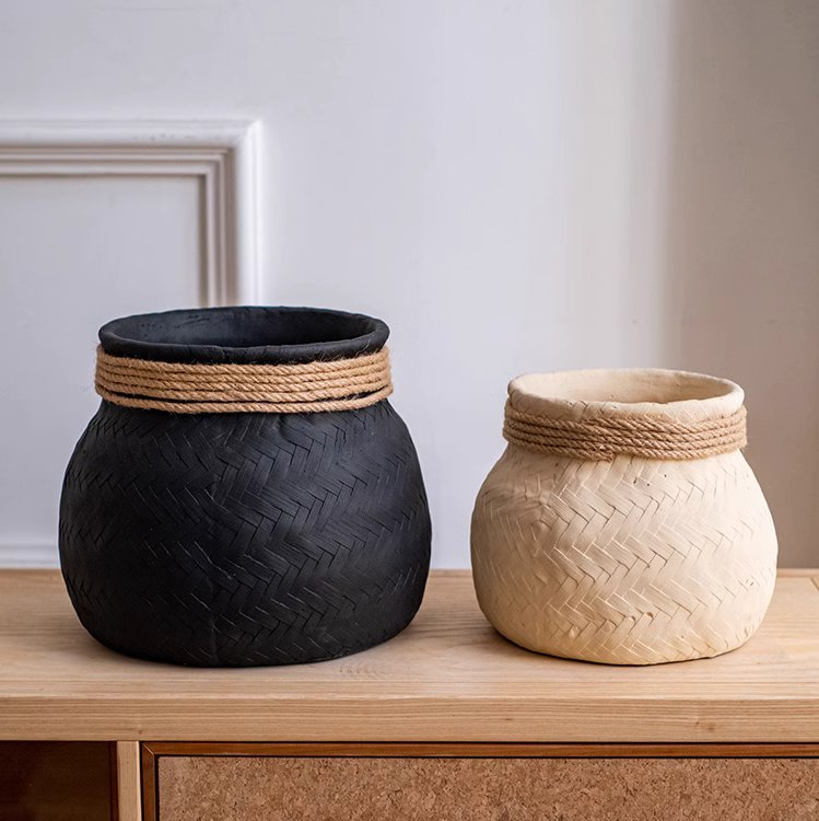 Faux Bamboo Woven Cement Planter  LOW AVAILABILITY