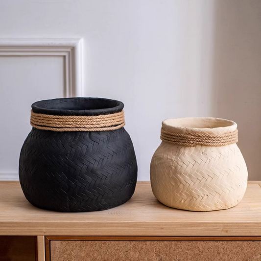 Faux Bamboo Woven Cement Planter  LOW AVAILABILITY