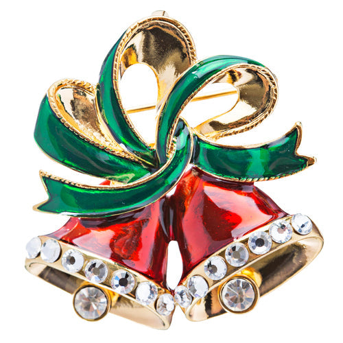 Christmas Jewelry Red Bells Green Ribbon Gold Tone Holiday Crystal