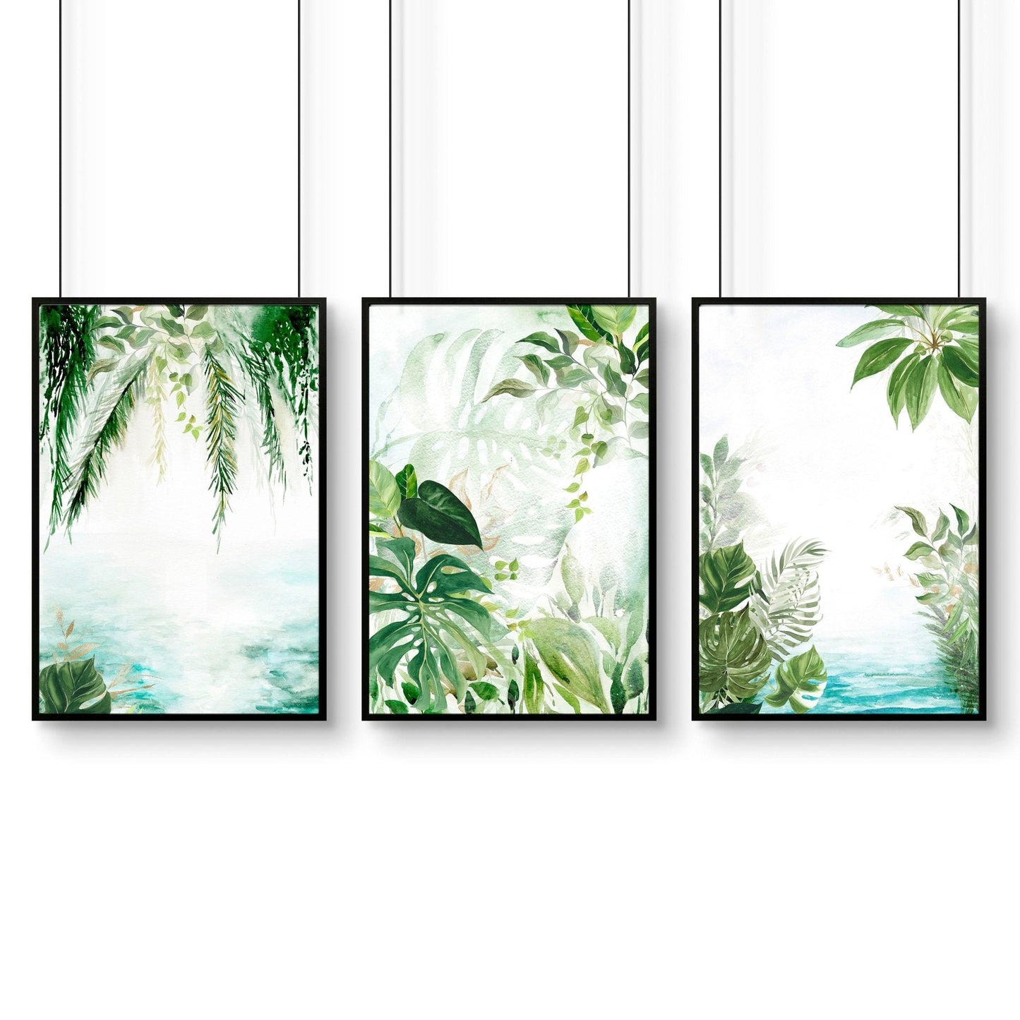 Wall art with green | set of 3 Tropical home decor items