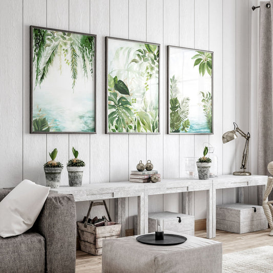 Wall art with green | set of 3 Tropical home decor items