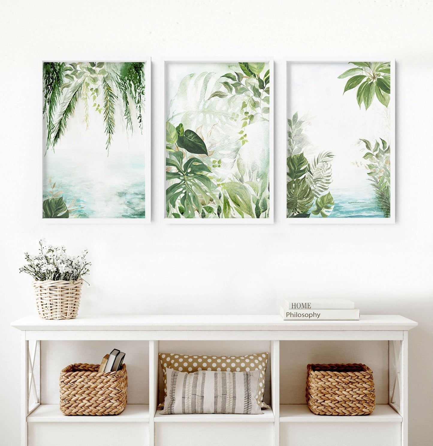 Wall art with green | set of 3 Tropical home decor items