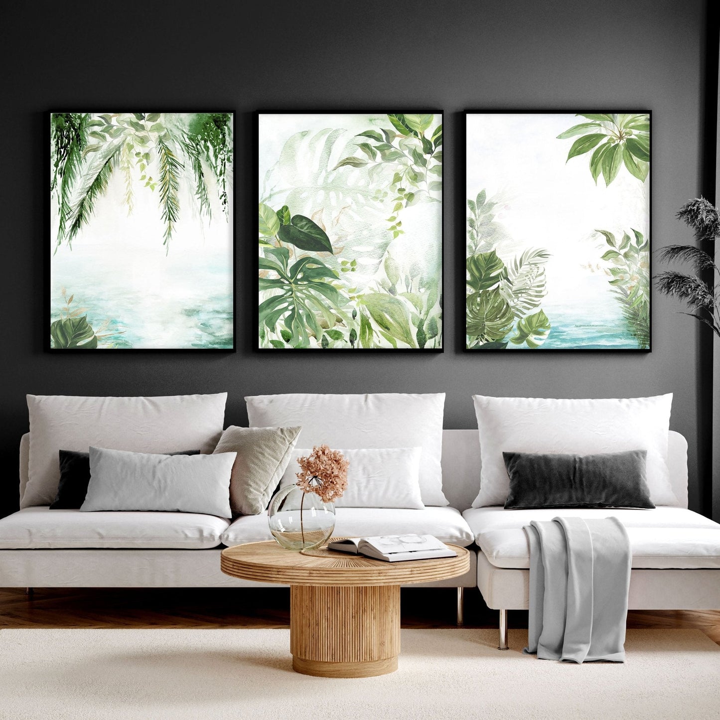 Wall art with green | set of 3 Tropical home decor items