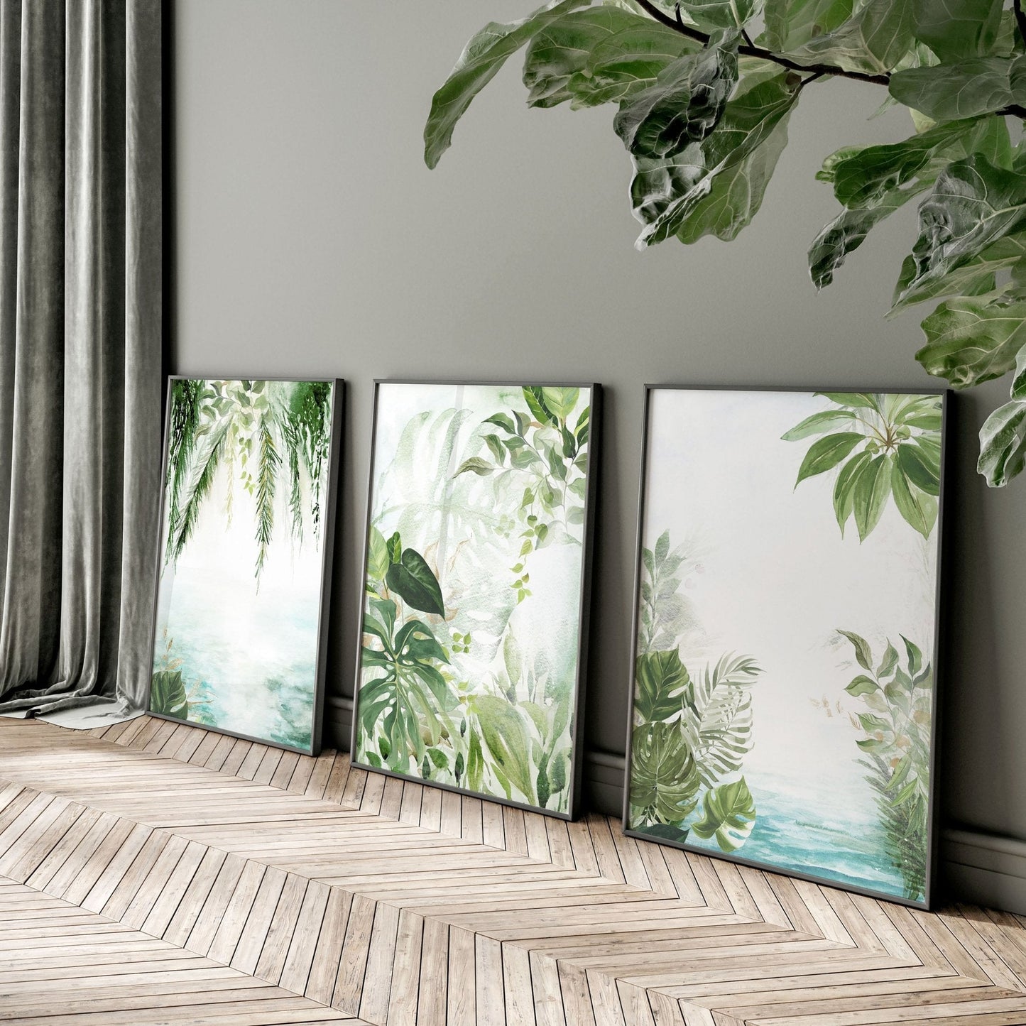 Wall art with green | set of 3 Tropical home decor items